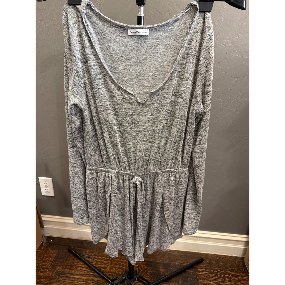Dainty Hooligan Gray Heathered Long Sleeve Romper Drawstring Waist Casual Knit